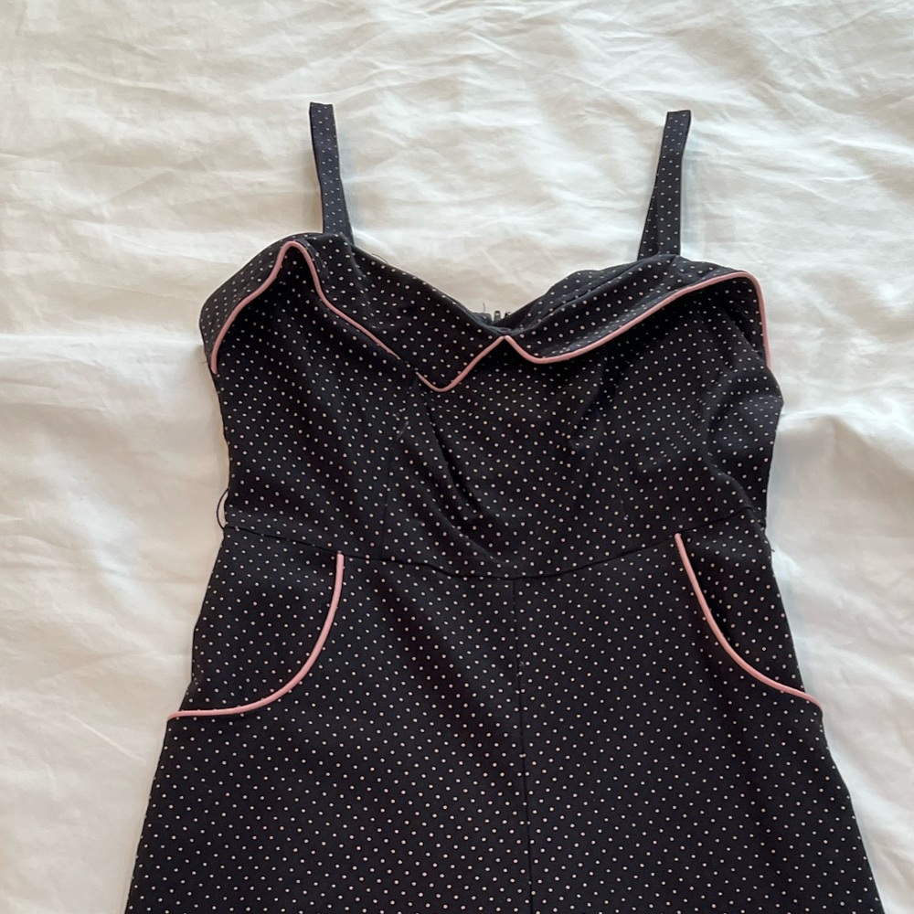 Bettie Page Three-quarter Pants Jumpsuit, Black with Pink Polka Dot Size XL